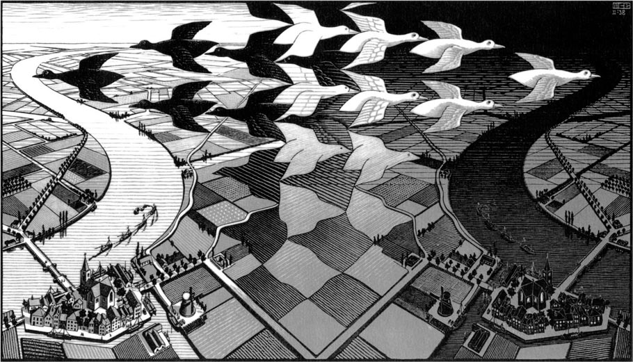 Maurits Cornelis Escher (1898–1972). Day and Night. 1938. Xylograph. 15.375×26.625″.