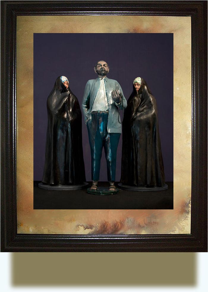 Bita Fayyazi Azad (b. 1962 inTehran,Iran. She currently lives, works and teaches at a private studio inTehran) with the collaboration of Rokni Haerizadeh (b. 1978 in Tehran, Iran; lives there). Haadji and his Two Wives. 2009. Fiberglas, acrylic, and watercolor. Max. H84×L30×W22 cm each. Edition 1 of 5. Piece of Exhibition There Goes the Neighbourhood in Gallery Isabelle Van Den Eynde (prev. B21), Dubai, March 17 – April 05, 2009.
