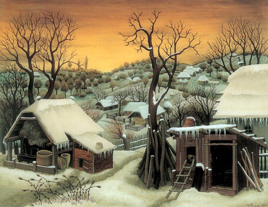 Ivan Generalić (1914–1992). Zimski pejzaž. Ulje na staklu. 35×45 cm. 1944.