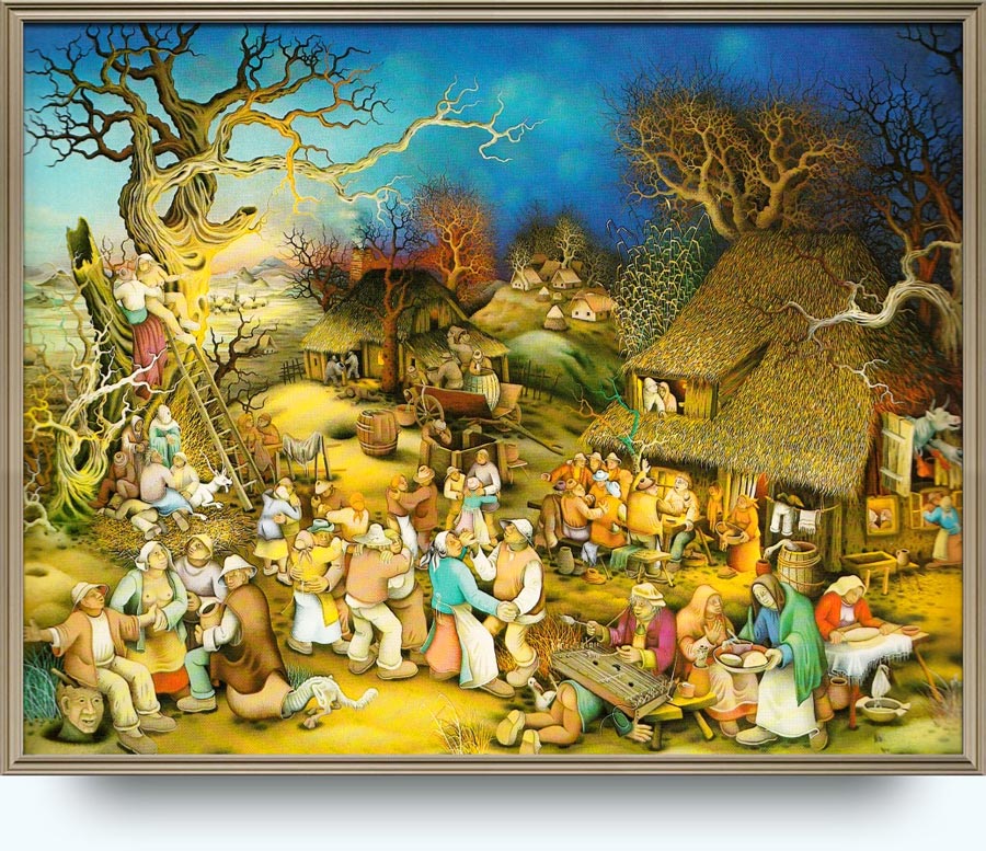 Mijo Kovačić (. 1935). Seosko veselje. 1972–1973. Ulje na staklu. 50×70 cm