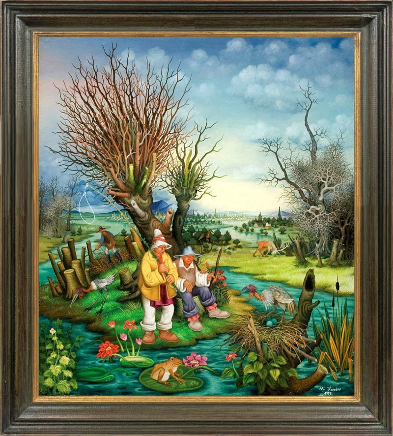 Mijo Kovačić (. 1935). Hvatači ptica.  1978. Ulje na staklu. 89×79 cm