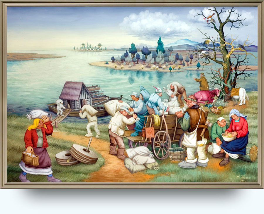 Mijo Kovačić (. 1935). Pomelajci. 2004. Ulje na staklu. 69×98 cm.