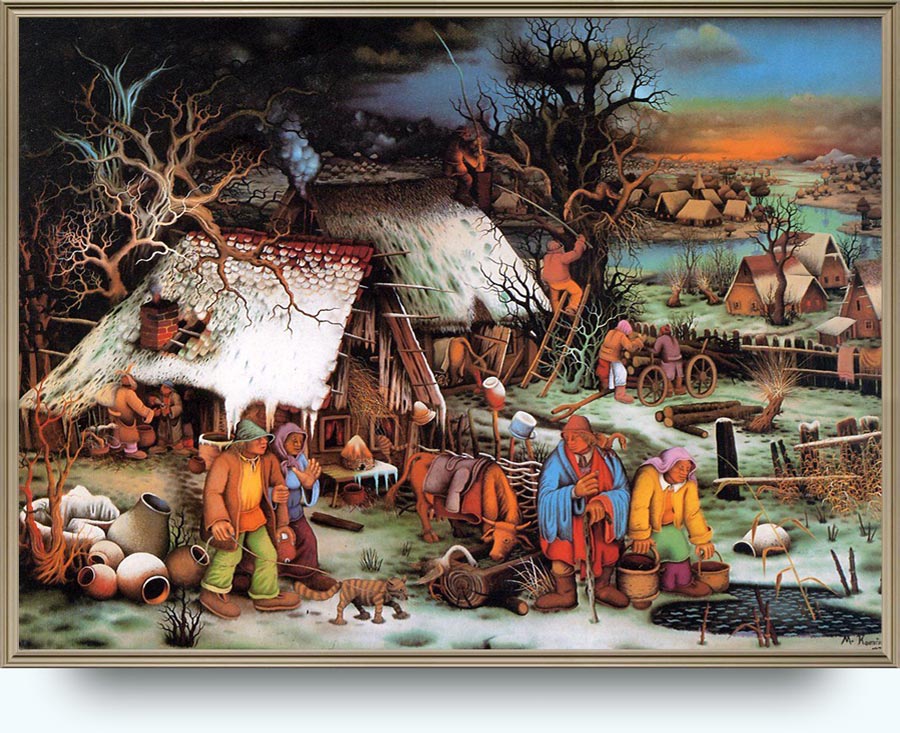 Mijo Kovačić (. 1935). Kućni radovi. 1973. Ulje na staklu. 50×70 cm