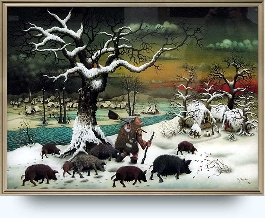 Mijo Kovačić (. 1935). Svinar zimi. Ulje na staklu