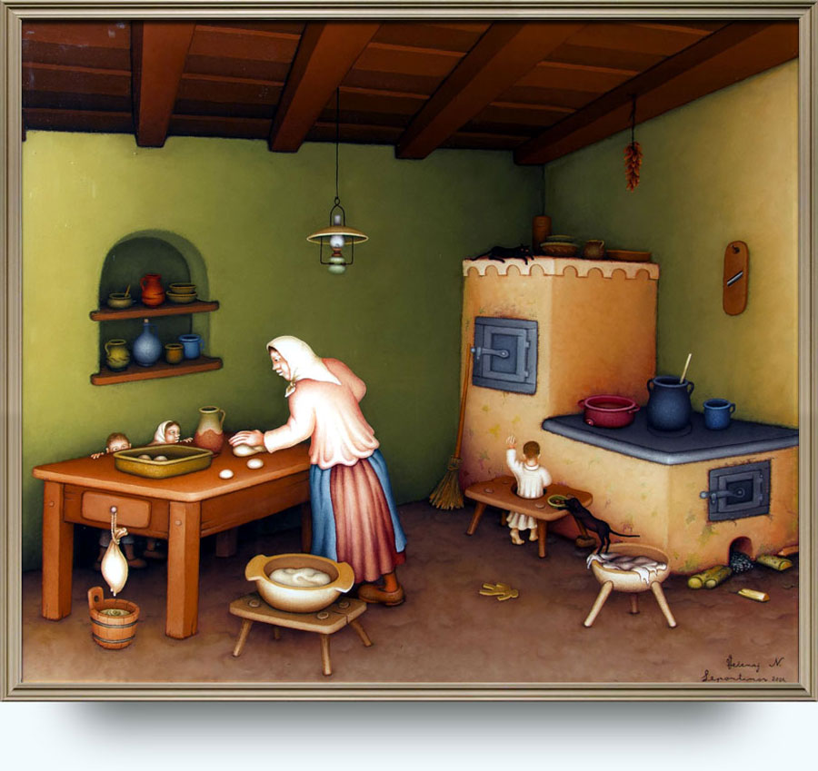 Nikola Večenaj Leportinov (. 1935). Mama peče kruh. 2006. Ulje na staklu.
