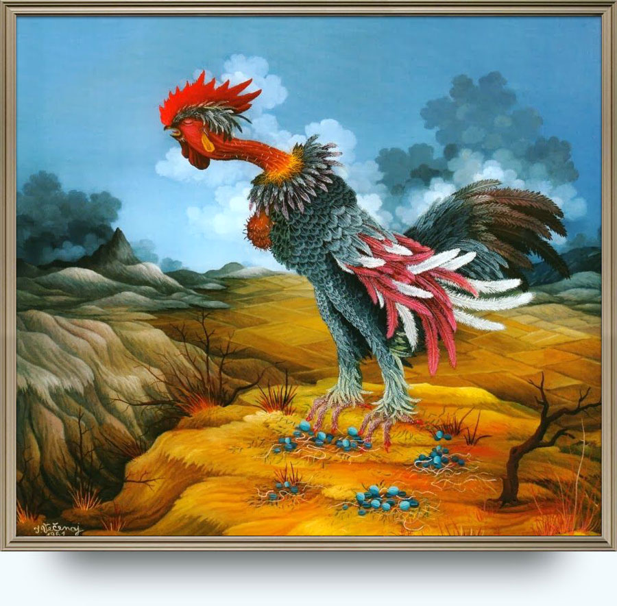 Ivan Večenaj (1920–2013). Pijetao nad ponorom. 1961. Ulje na staklu. 79×90 cm