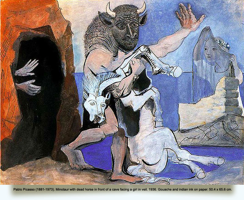 Pablo Picasso (1881–1973). Minotaur with dead horse in front of a cave facing a girl in veil. 1936. Gouache and indian ink on paper. 50.4×65.6 cm.