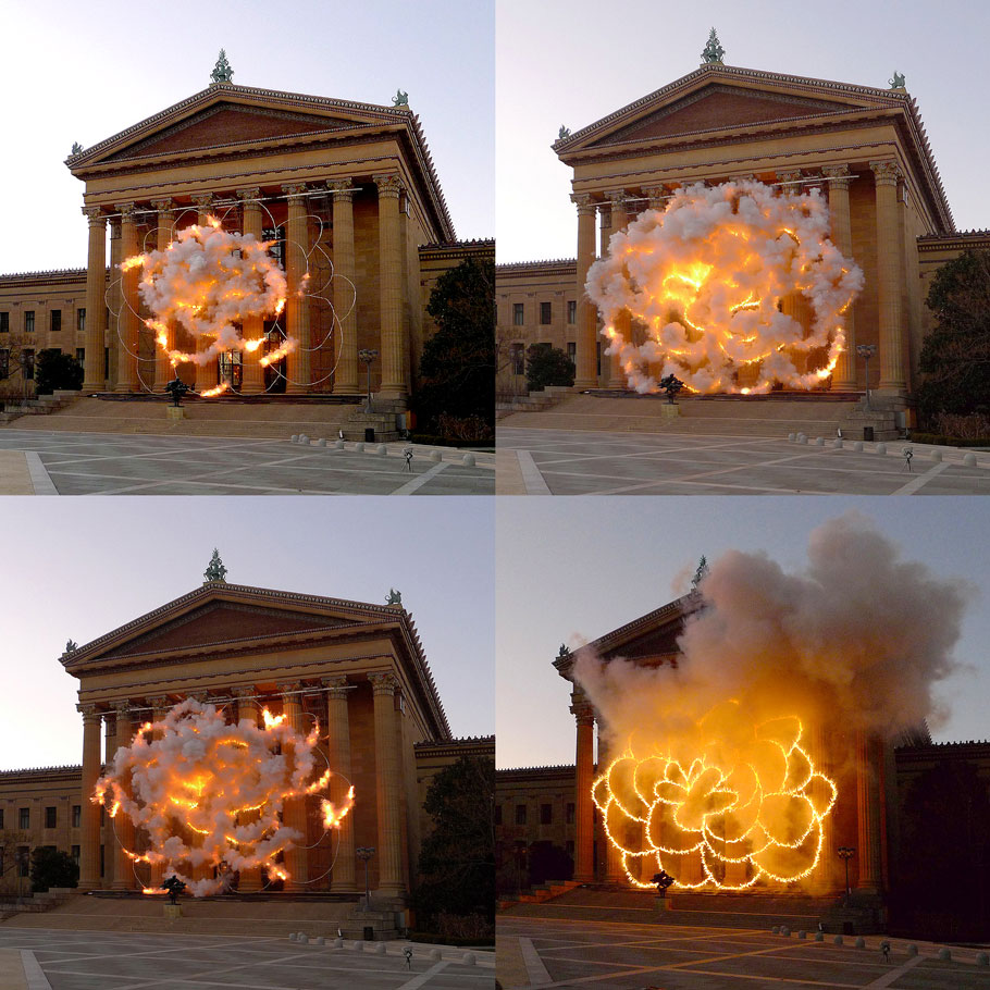 Cai Guo-Qiang (b. 1957 in Quanzhou City, Fujian Province, China. Lives and works in New York since 1995). Fallen Blossoms: Explosion Project. Philadelphia Museum of Art. 2009.