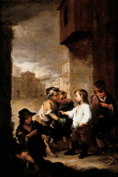 Saint Thomas of Villanueva Dividing His Clothes Among Beggar Boys, ca. 1667 Oil on canvas 86 1/2×58 3/4 in. (219.7×149.2 cm) Cincinatti Art Museum, Bequest of Mary M. Emery, 1927. Long before his canonization, Augustinian friar St. Thomas de Villanueva (1488–1555), was venerated for his many acts of charity dating back to his childhood. This painting formed part of an altarpiece illustrating scenes from the life of the saint. It was commissioned by the monastery of Saint Augustine in Seville. This large painting was part of a monumental retablo, or altarpiece, commissioned by the Monastery of San Agusti’n in Seville in honor of Saint Thomas of Villanueva’s canonization in 1658; the retablo illustrates scenes from the saint’s life. Three other paintings survive, depicting the saint giving alms (Norton Simon Museum, Pasadena), receiving the announcement of his death (Museo de Sevilla), and healing a lame man (Alte Pinakothek, Münich), but it is not known exactly how many paintings were included in the original setting.