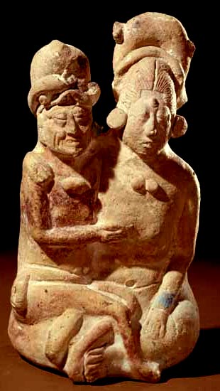 Maya Jaina Ceramic. One of many double figurines of the Old God and Young Lady in an amorous pose. Height 16.6 cm