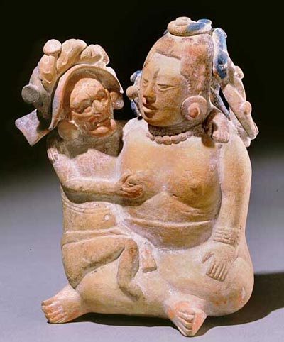 Maya. Jaina. clay with traces of paint. height 15.2 cm. One of many versions of the Old God with the Moon Goddess in an amorous setting.