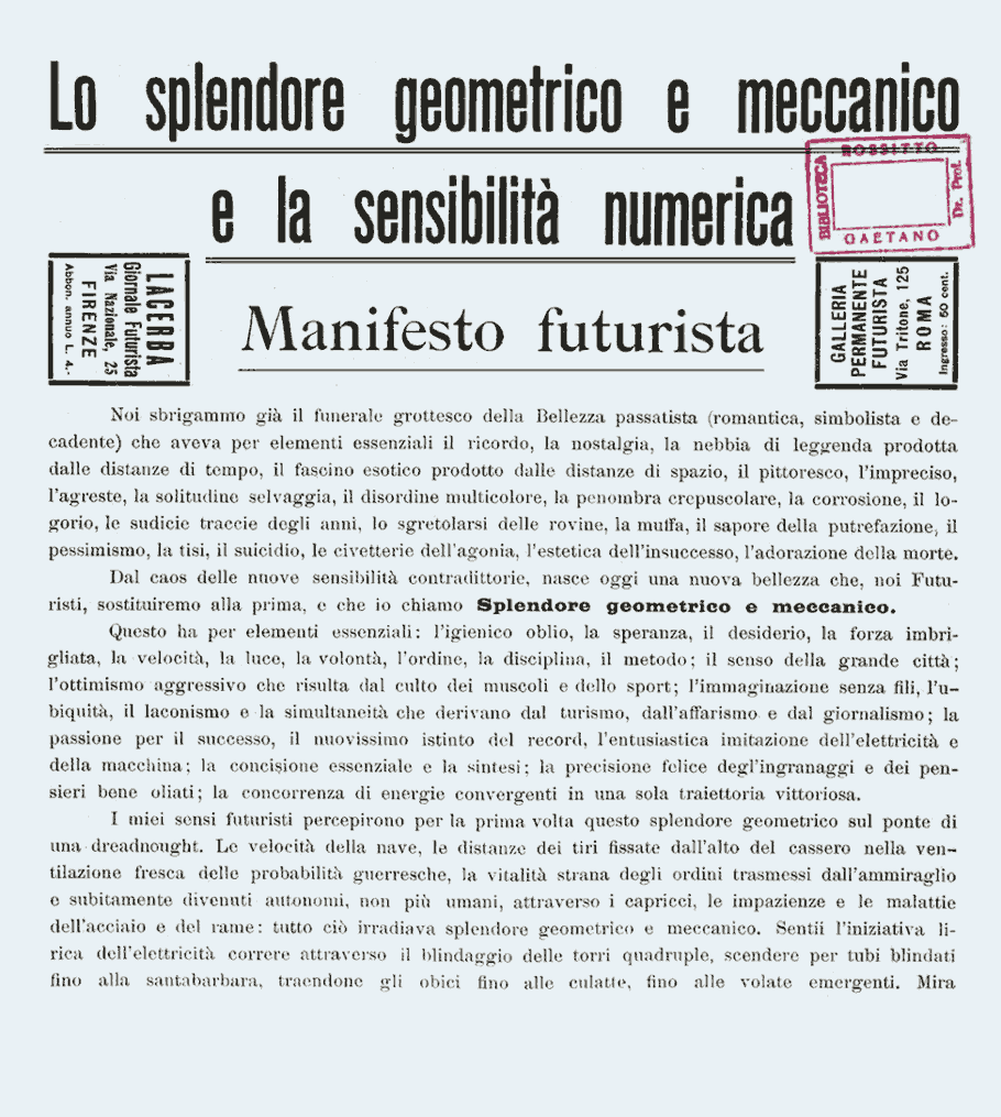 Lo splendore geometrico e meccanico e la sensibilità numerica. Manifesto futurista, 11 March 1914.