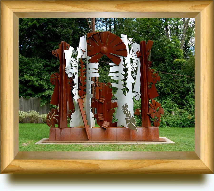 Albert Paley (b. 1944 in Philadelphia, Pennsylvania). Apollo. 1996. Weathering steel and stainless steel. 190×209×36 in. DeCordova Sculpture Park, Lincoln, Massachusetts, US.