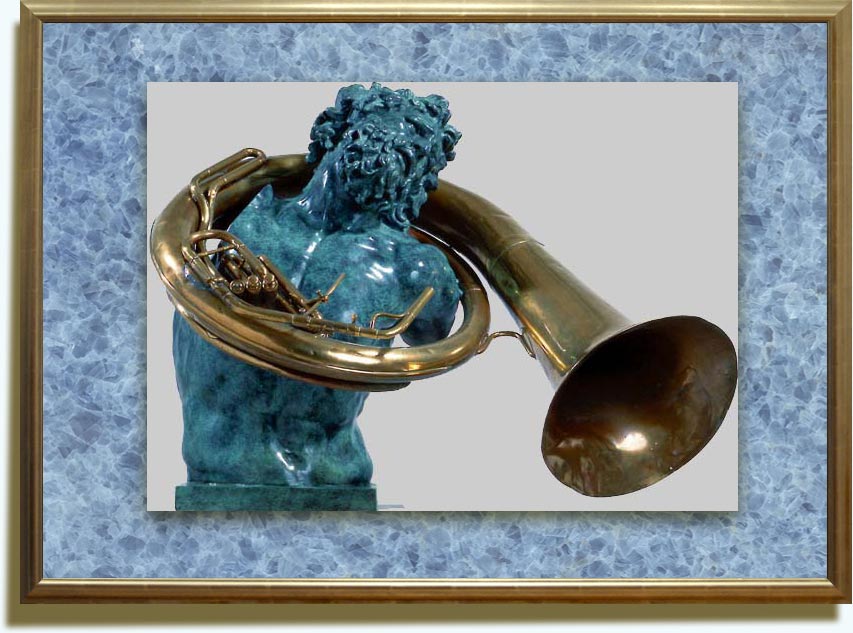 Arman, christened Armand, Pierre Fernandez (b. 1928 in Nice, France; d. 2005 in New York). Constrictor. 1999. Transculpture: buste et instrument de musique. 84×110×7 cm.