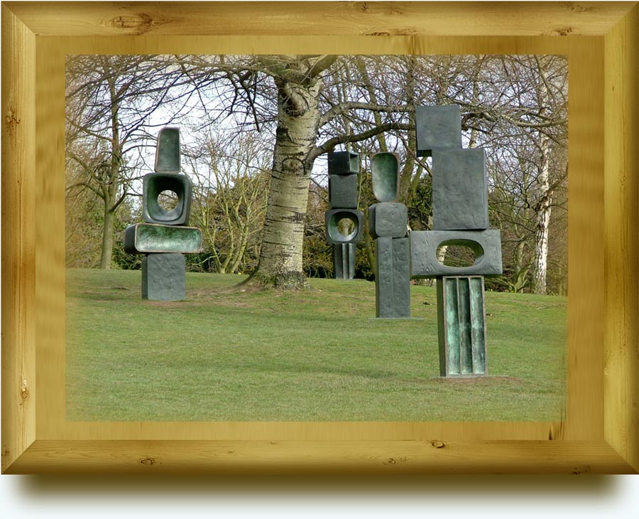 Barbara Hepworth (1903–1975). Family of Man. 1970. Each of the 9 pieces is about 10 feet (3 metres) high and made of several abstract pieces cast in bronze.