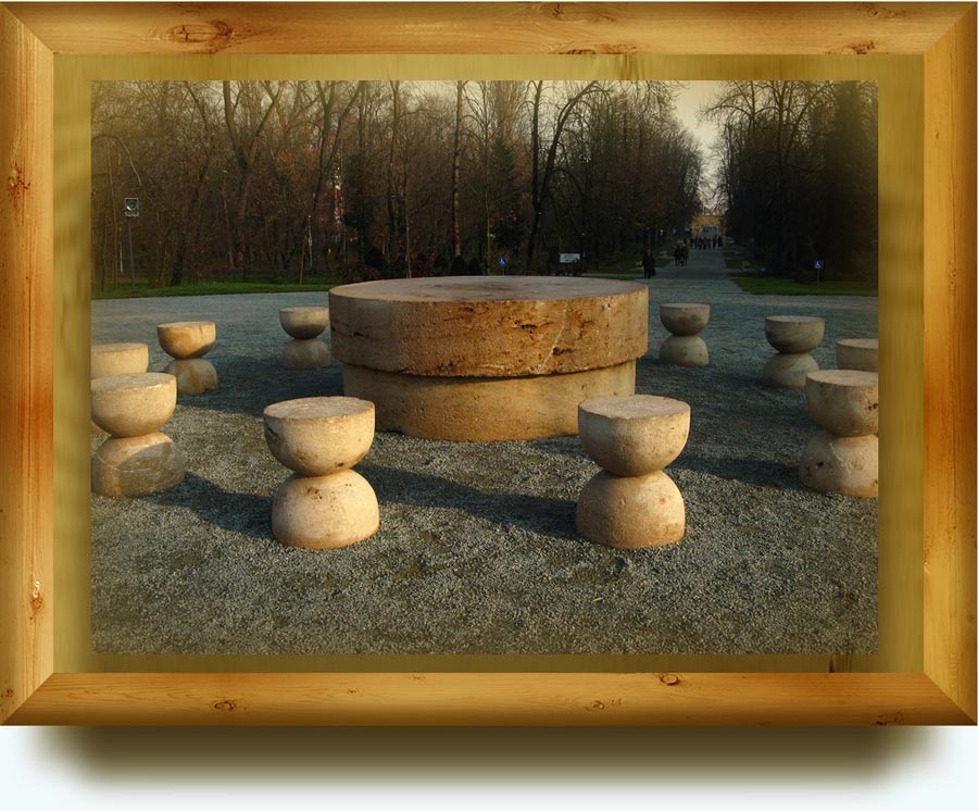 Constantin Brancusi, French (born Romania), 1876–1957. Masa Tacerii (The Table of Silence). Panel diameter 2,15 meters, thick 0,43 m and the leg is 2 m in diameter and 0,45 m thick. Ulari, Jiu, Gorj, Romania.