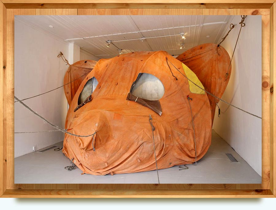 Brian Griffiths (b. 1968 in Stratford-Upon-Avon, UK). The Body and Ground (Or Your Lovely Smile), 2010. Canvas, scenic paint, ropes, webbing (various), fibre glass poles, plastic poles, vintage travel souvenir patches, net fabric, tauperlin, duck tape, thread, string, fixings. Installation dimensions variable.