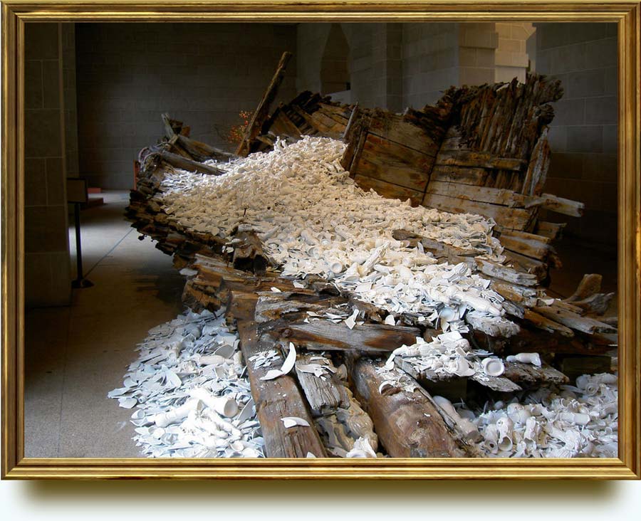 Cai Guo-Qiang (b. 1957 in Quanzhou, Fujian Province, China. Lives and works in New York). Traveler: Reflection. 2004. Excavated wooden boat and porcelain. Freer and Sackler Galleries — Smithsonian Institution, Washington, DC, US. “Reflection” features the remains of a shipwrecked vessel transformed into a receptacle for several tons of white ceramics from thousands of broken porcelain. Cai Guo-Qiang’s nine-year stay in Japan, from 1986 to 1995, resulted in many long-term relationships with the Iwaki community.