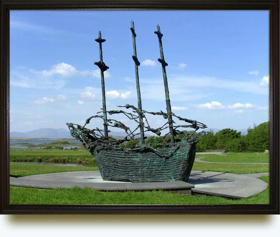 John Behan (b. in Dublin, 1938). Coffin Ship. 1997. Bronze. The National Famine Monument at the foot of Croagh Patrick, Murrisk, Mayo, Ireland, commemorates all those who died in the Great Famine of 1845–49.