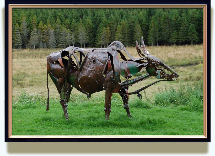 Helen Denerley (b. 1956 in Midlothian, Scotland. Now living in Strathdon, Aberdeenshire, Scotland). Sacred cow. 1998. Life size. Parts include hanes, picks, an old lawn mower and a truck fuel tank. http://www.flickr.com/photos/sharmanka/2876704427/