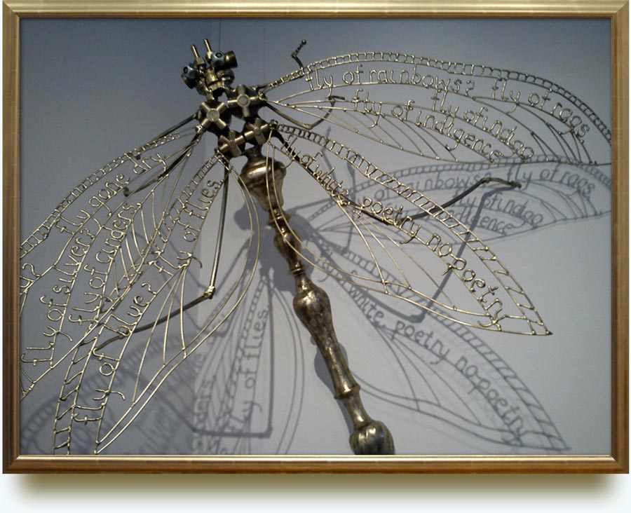 Helen Denerley (b. 1956 in Midlothian, Scotland. Now living in Strathdon, Aberdeenshire, Scotland). The Poem-winged Dragonfly. 2010. Created from pieces of an old brass chandelier, with the delicate wings “drawn” in molten brass. Piece from Helen Denerley: Mechanimals exhibition. Harley Gallery, Welbeck, Nottinghamshire  —  October 2010. http://www.flickr.com/photos/50237416@N07/5058447900/