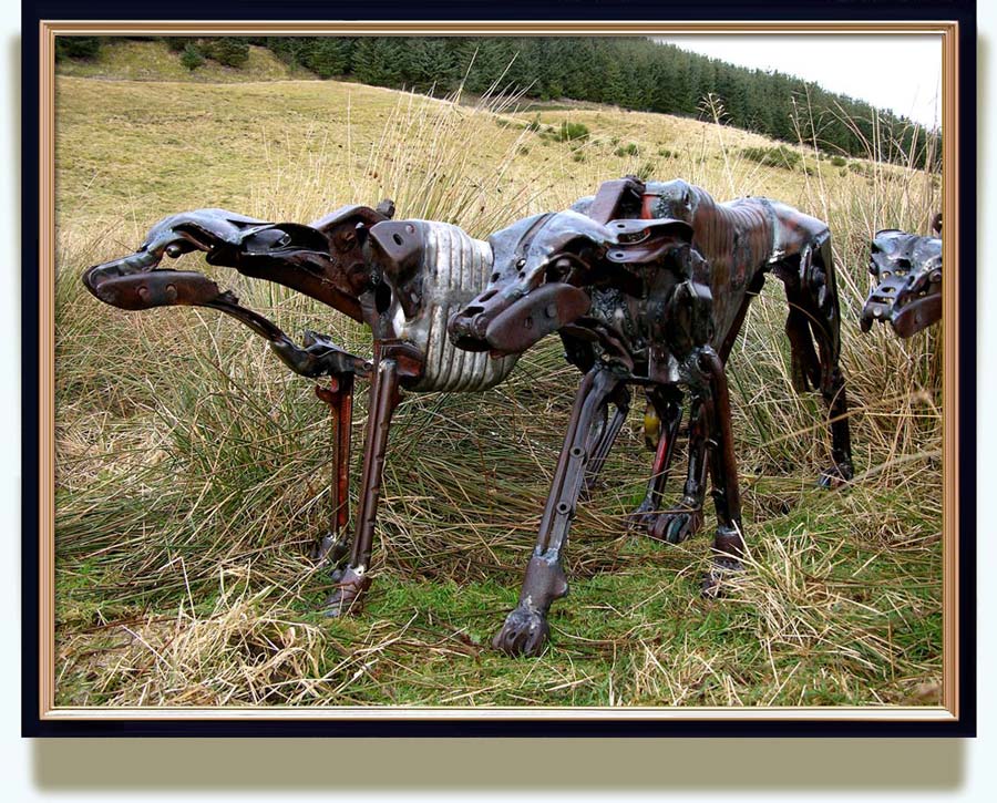Helen Denerley (b. 1956 in Roslin, Midlothian, Scotland. Now living in Strathdon, Aberdeenshire, Scotland). Hunting Dogs 1. Assorted Scrap Metal. Life size. http://www.rhueart.co.uk/uploads/Helen_Denerley_max850x700_HuntingDogs_01.jpg