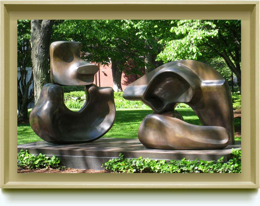 Henry Moore. Bio: British, b. Castleford, England, 1898–1986. School: British Modernist Sculpture.  Large Four Piece Reclining Figure. 1972–73. Bronze. 213 cm (h). San Francisco’s Louise M. Davies Symphony Hall, outside at the corner of Grove Street and Van Ness Avenue.