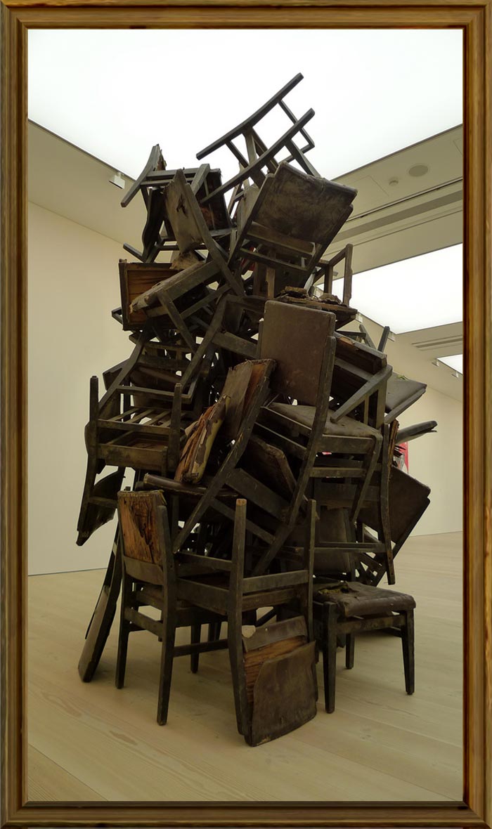 Mansoor Ali (b. 1978 in Jasmatpur, Gujarat, India. Lives and works in Baroda, India). Dance of Democracy. 2008. Installation with discarded chairs. Dimensions variable, approx: 427×244×244 cm. The Empire Strikes Back: Indian Art Today, Saatchi Gallery.