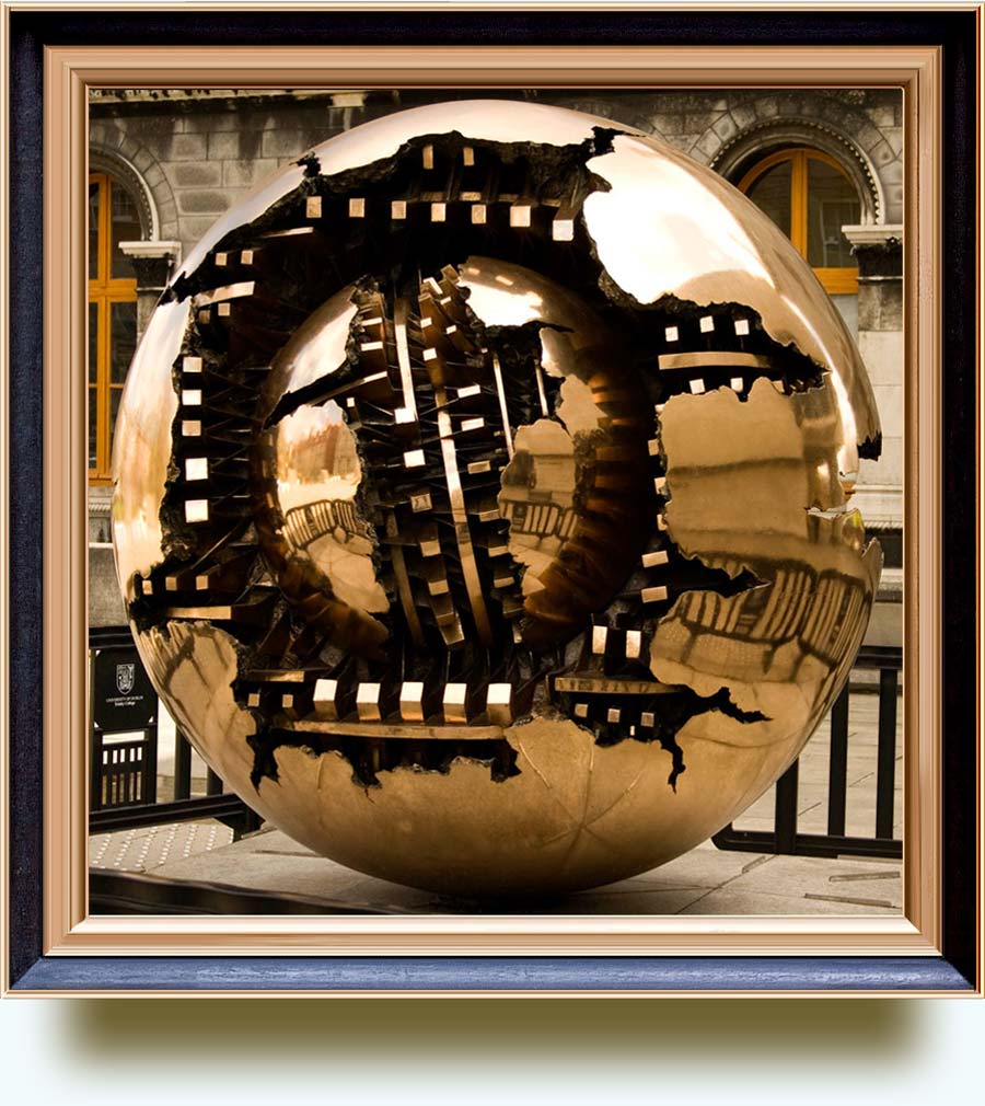 Arnaldo Pomodoro (b. 1926 in Morciano, Romagna, Italy). Sphere Within Sphere (Sfera con Sfera). Bronze with gold patina. Trinity College, Dublin.