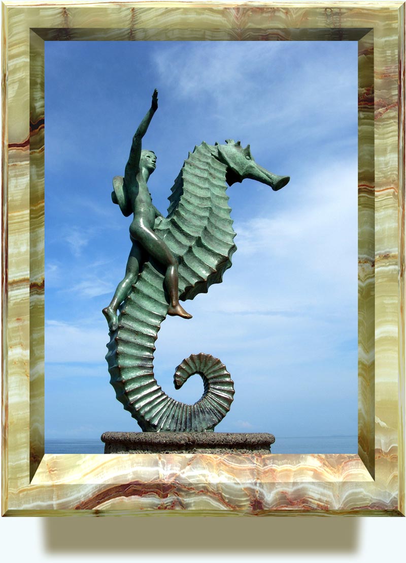 Rafael Zamarripa (born in Guadalajara, Jalisco, MX). Caballito del Mar (Little Seahorse). 1976 replica of the 1966 original. Figura de bronce de aproximadamente 3 metros (a bronze sculpture approximately 3 meters in height). Puerto Vallarta, Jalisco, MX.