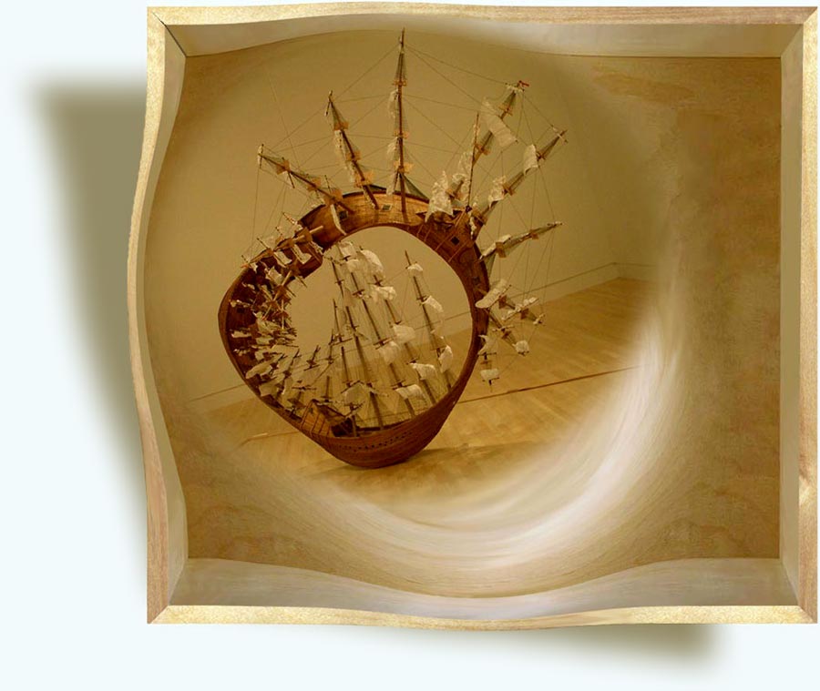 Tim Hawkinson (b. 1960 in San Francisco, California). Möbius Ship. 2006. Wood, plastic, plexiglas, rope, staples, string, twist ties, glue. 104×122×51 in. Anna S. & James P. White Gallery.