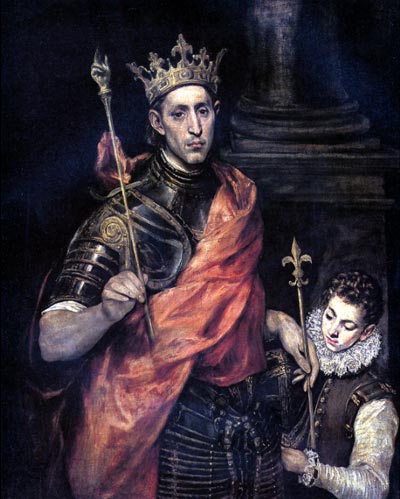 Domenikos Theotokopoulos, known as El Greco (Candia, 1541–Toledo, 1614). Saint Louis, King of France, and a Page Between 1590 and 1597, Musee du Louvre. Saint Louis (1214–1270), the king of France, wears a fleur-de-lis crown and damascene armor that evokes his role in the Crusades. The French sovereign, a grandson of the king of Castille, Alphonso VIII, was well-known in Spain.