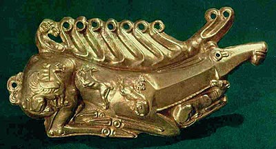 Golden deer from burial mound Kul-Oba, 4th century BCE. Scythian burial tumulus (kurgan), located near Kerch in eastern Crimea, Ukrainia, on the right side of the M25 road to Feodosiya. Kul-Oba was the first Scythian royal barrow to be excavated in modern times. Uncovered in 1830, the stone tomb yielded a wealth of precious artefacts which drew considerable public interest to Scythian world. The tomb was built around 400 to 350 BC, likely by a team of Greek masons from Panticapaeum. Its plan is almost square, measuring 4.6 by 4.2 meters. The stepped vault stands 5.3 meters high. The timber ceiling seems to have been designed to imitate a Scythian wooden tent; it is decorated by a canopy with gold plaques. Borrowed: ————— http://en.wikipedia.org/wiki/Kul-Oba