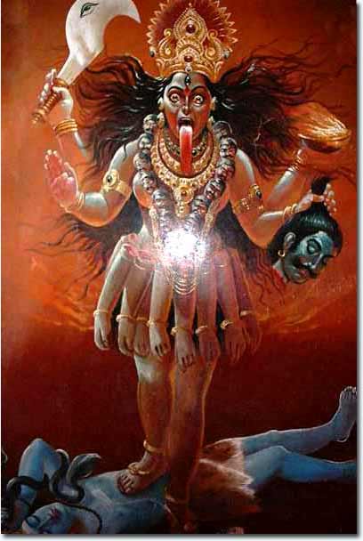 Hindu goddess Kali. Photo of a ~17th century mural from the Madurai Meenakshi Amman Temple