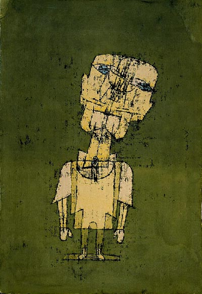 Paul Klee (1879–1940). Ghost of a Genius.1922. This work may be a self-portrait. Klee had very large eyes, a domed head and a closely cropped beard. The artist made many puppets for his son, and this figure, with its arms flopping down and tilted head, appears to have been inspired by a puppet. The figure was created by a process of oil transfer, rather like making a carbon copy. The artist used a sharp instrument to draw the outline of the figure on a sheet painted with special oil paint on the underside. The black smudges show where Klee’s hand rested on the paper. Medium Oil transfer and watercolour on paper laid on card. 50.00×35.40 cm. National Galleries of Scotland.
