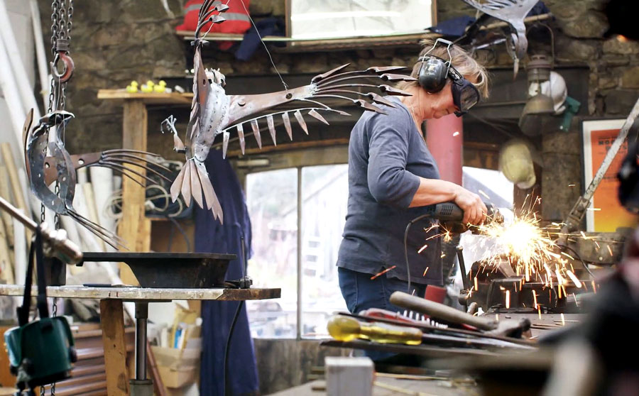 Helen Denerley (b. 1956 in Roslin, Midlothian, Scotland) in her workshop (Strathdon, Aberdeenshire, Scotland)